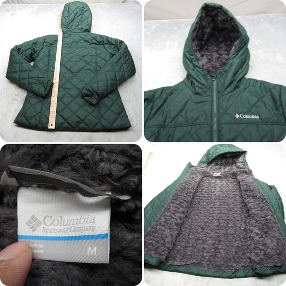Columbia Jacket Women Medium Green Faux Fur Lined Hooded Full Zip Quilted Puffer - Picture 1 of 14